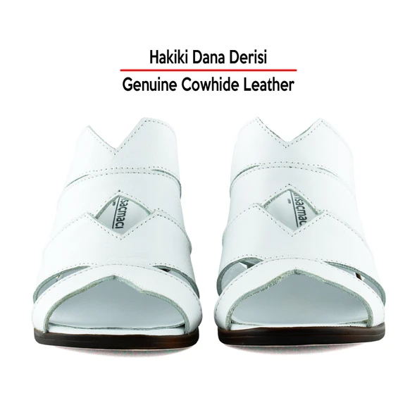 Erkan Saçmacı Bianca Beyaz Hakiki Dana Derisi Önü Açık Kesik Detaylı Kalın Topuklu Günlük Terlik - 4