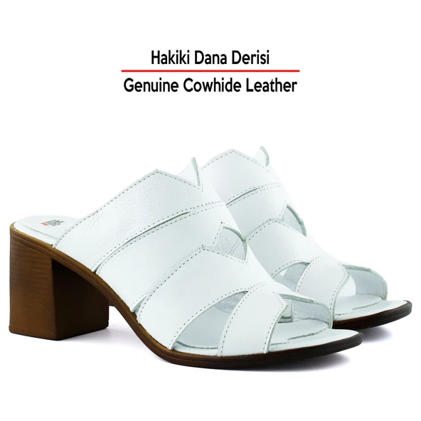 Erkan Saçmacı Bianca Beyaz Hakiki Dana Derisi Önü Açık Kesik Detaylı Kalın Topuklu Günlük Terlik - 3
