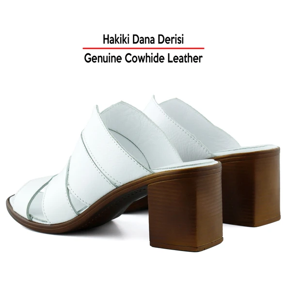 Erkan Saçmacı Bianca Beyaz Hakiki Dana Derisi Önü Açık Kesik Detaylı Kalın Topuklu Günlük Terlik - 5