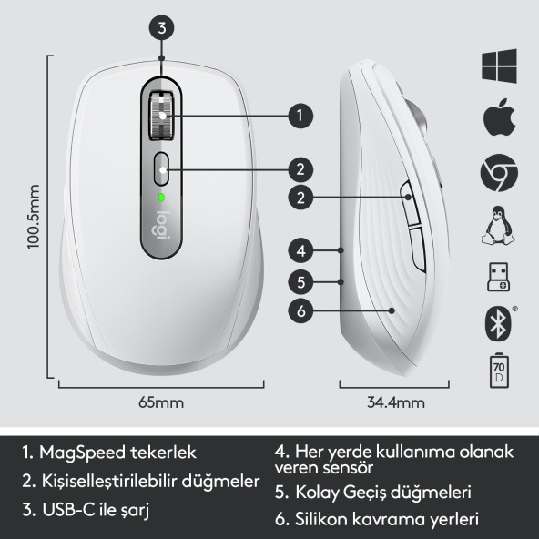 Logitech MX Anywhere 3 Kompakt Kablosuz Mouse - Beyaz OUTLET - 6
