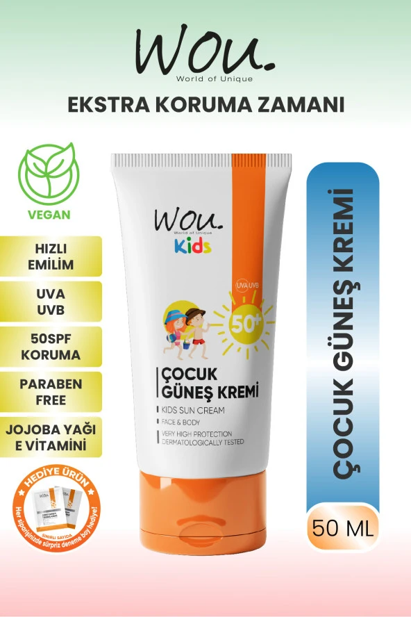 WOU World of Unique Kıds Yüksek Koruma Etkili Spf50 Çocuk Güneş Kremi 50ml