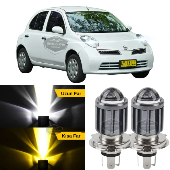 Nissan Micra 2002-2010 Uyumlu Mercekli Far Ampulü Led Xenon Çift Renk Sarı-Beyaz Far Şimşek Etkili CSP Led Lamba Uzun Kısa 2 Adet Takım