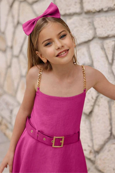 Kız Çocuk Omuzu Zincir Askılı Kemer Detaylı Fuşya Elbise - Resim 4