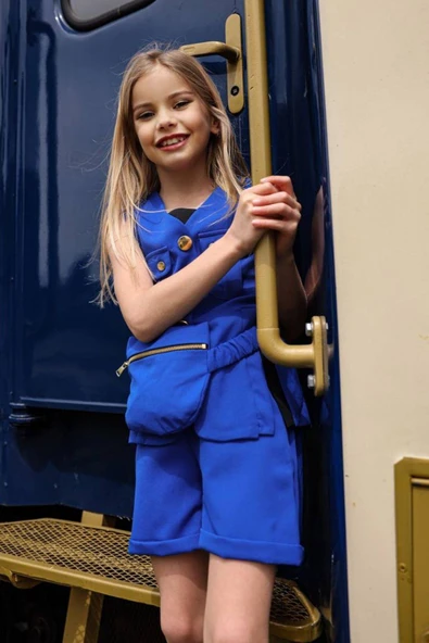 Kız Çocuk Düğme ve Cep Detaylı Kolsuz Yelek Penye Bluz Mavi Şortlu Takım - Resim 4