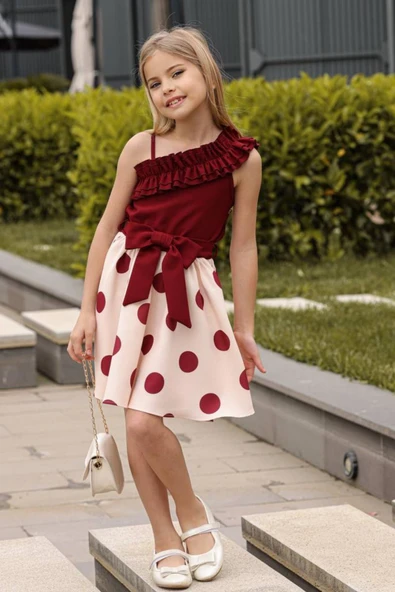 Kız Çocuk Tek Omuz ve Göğsü Fırfır Detaylı Eteği Pauntiyeli Bordo Elbise - Resim 4