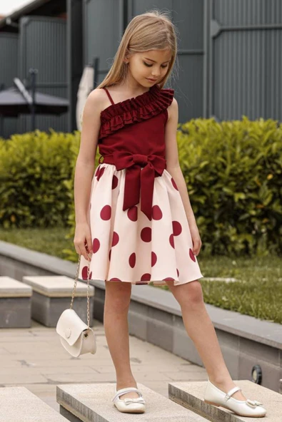 Kız Çocuk Tek Omuz ve Göğsü Fırfır Detaylı Eteği Pauntiyeli Bordo Elbise - Resim 3
