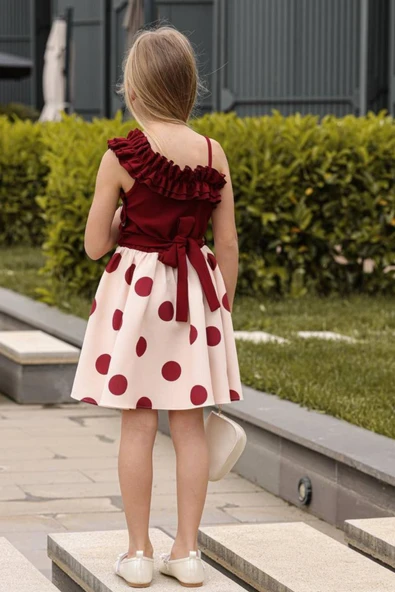 Kız Çocuk Tek Omuz ve Göğsü Fırfır Detaylı Eteği Pauntiyeli Bordo Elbise - Resim 5