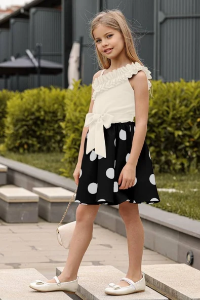 Kız Çocuk Tek Omuz ve Göğsü Fırfır Detaylı Eteği Pauntiyeli Beyaz Elbise - Resim 3