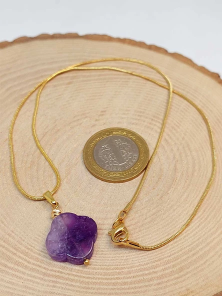 Ametist Taşı Kolye Ucu Yonca Temalı Altın Kaplama Zincirli (49808) - 3