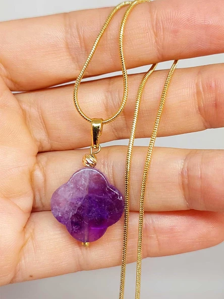 Ametist Taşı Kolye Ucu Yonca Temalı Altın Kaplama Zincirli (49808)