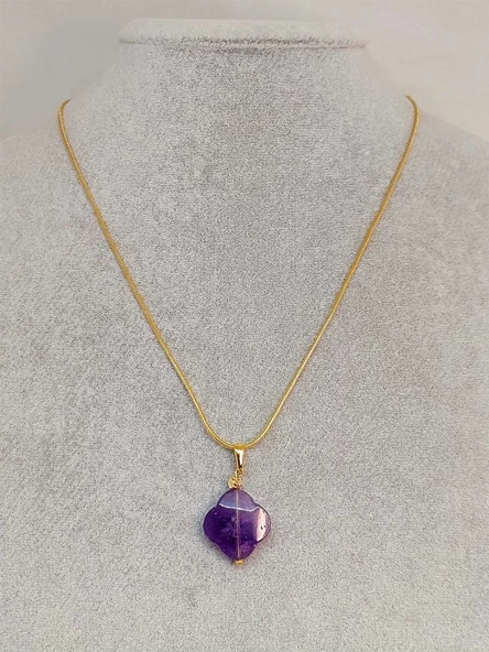 Ametist Taşı Kolye Ucu Yonca Temalı Altın Kaplama Zincirli (49808) - 2