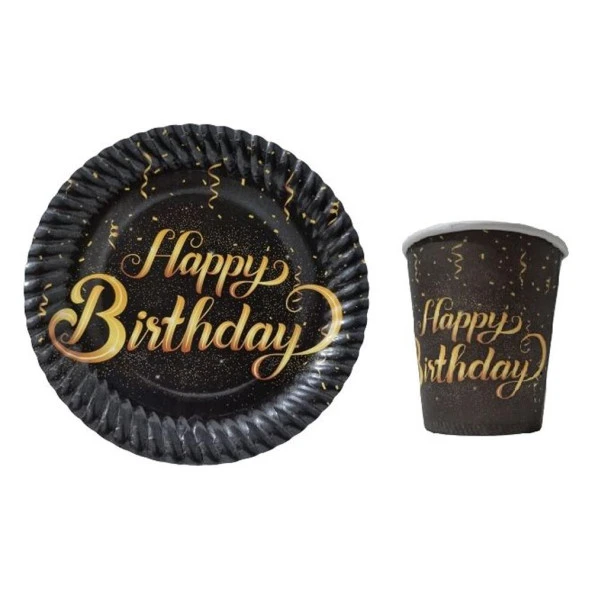 Happy Birthday Siyah Gold Karton Tabak Bardak Seti - 8 Kişilik