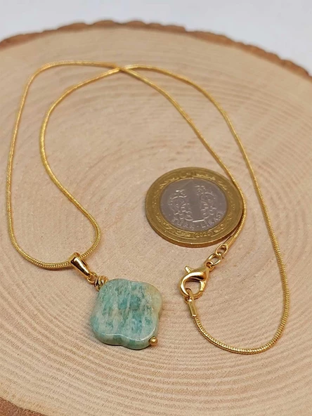 Amazonit Taşı Kolye Ucu Yonca Temalı Altın Kaplama Zincirli (49806) - Resim 3