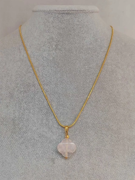 Pembe Kuvars Taşı Kolye Ucu Yonca Temalı Altın Kaplama Zincirli (49804) - Resim 2