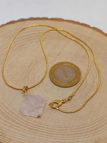 Pembe Kuvars Taşı Kolye Ucu Yonca Temalı Altın Kaplama Zincirli (49804) - Resim 3