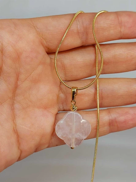 Pembe Kuvars Taşı Kolye Ucu Yonca Temalı Altın Kaplama Zincirli (49804) ürün görseli