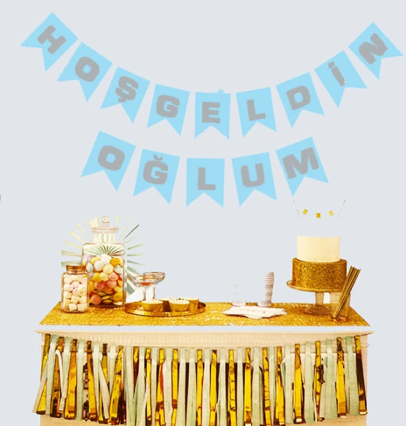 Hoşgeldin Oğlum Mavi Üzeri Gümüş Yeni Doğan Bebek Doğum Süsü Afiş Bayrak Flama 2.2 Metre ürün görseli