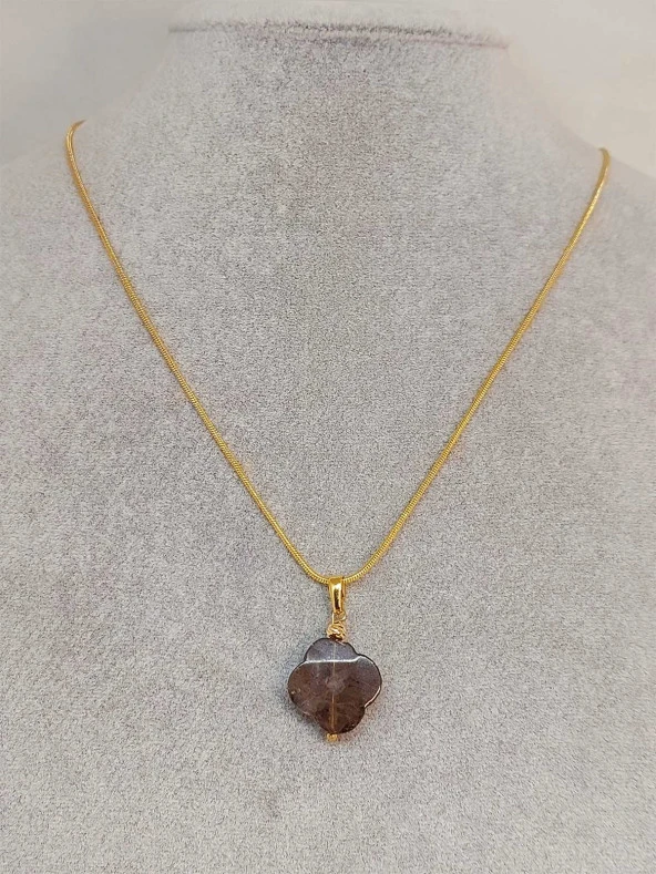 Dumanlı Kuvars Taşı Kolye Ucu Yonca Temalı Altın Kaplama Zincirli (49802) - 2