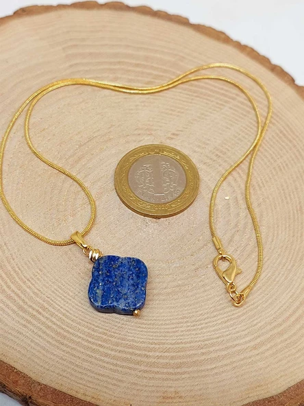 Lapis Taşı Kolye Ucu Yonca Temalı Altın Kaplama Zincirli (49800) - Resim 3