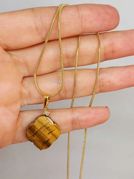 Kaplan Gözü Taşı Kolye Ucu Yonca Temalı Altın Kaplama Zincirli (49798) ürün görseli 1