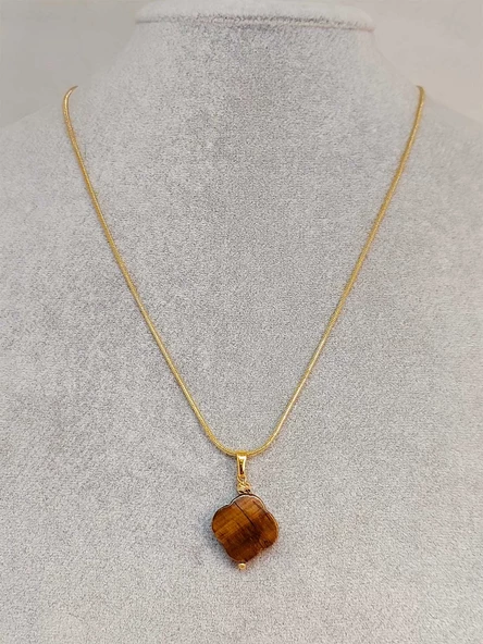 Kaplan Gözü Taşı Kolye Ucu Yonca Temalı Altın Kaplama Zincirli (49798) - Resim 2