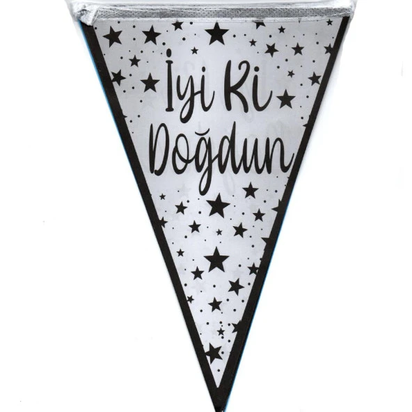 İyiki Doğdun Temalı Üçgen Flama Bayrak Süs - Gümüş Siyah