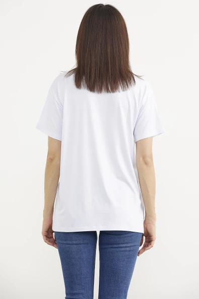 Dökümlü Baskılı Penye Tişört - Beyaz - 4