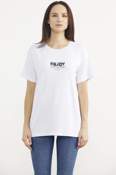 Dökümlü Baskılı Penye Tişört - Beyaz