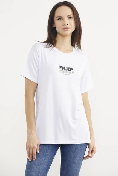 Dökümlü Baskılı Penye Tişört - Beyaz - 2