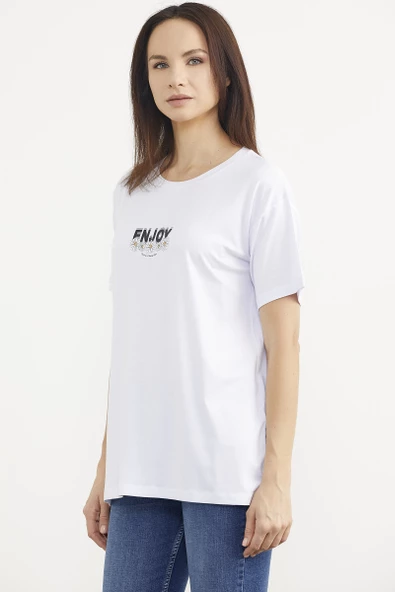 Dökümlü Baskılı Penye Tişört - Beyaz - 3