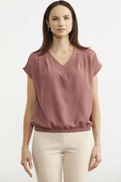 Beli Lastikli V Yaka Crop Bluz - Pembe