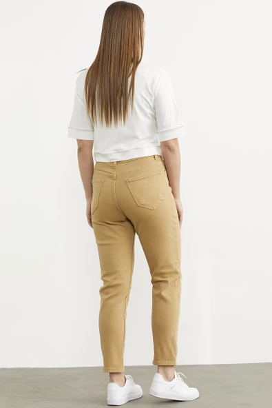 Likralı Fit Mom Jean - Kamel - 4