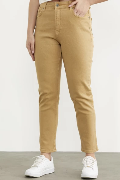 Likralı Fit Mom Jean - Kamel - 2