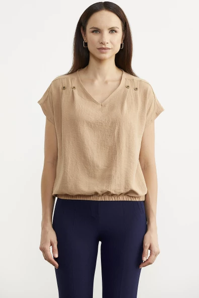 Beli Lastikli V Yaka Crop Bluz - Bej