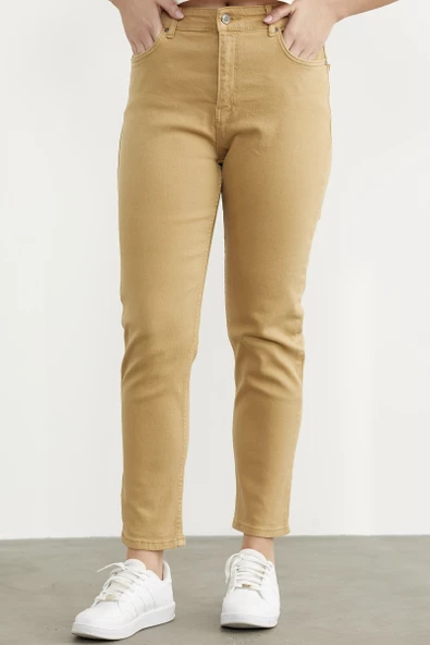 Likralı Fit Mom Jean - Kamel - 3