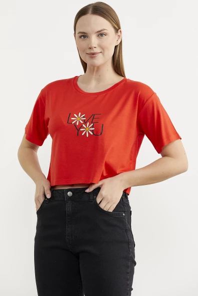 Oversize Baskılı Crop Tişört - Mercan