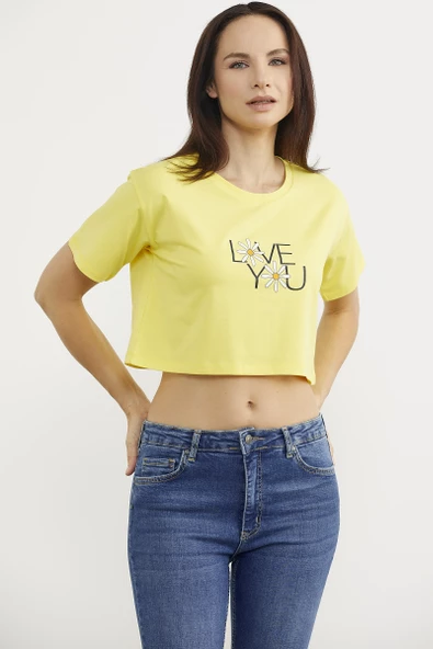 Oversize Baskılı Crop Tişört - Sarı - Resim 3