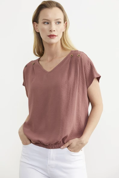 Beli Lastikli V Yaka Crop Bluz - Gül - 2