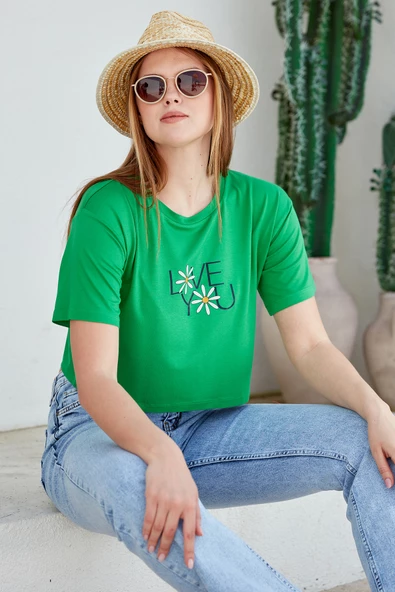 Oversize Baskılı Crop Tişört - Yeşil