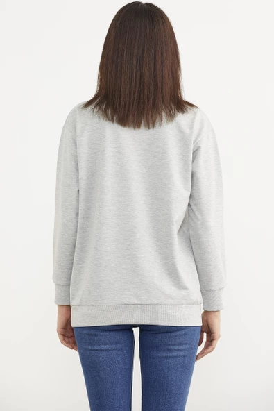 Sıfır Yaka Oversize Sweatshirt - Gri - Resim 4