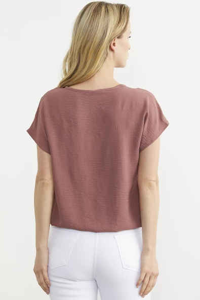 Beli Lastikli V Yaka Crop Bluz - Gül - 6