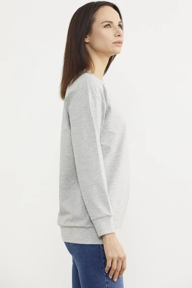 Sıfır Yaka Oversize Sweatshirt - Gri - Resim 3