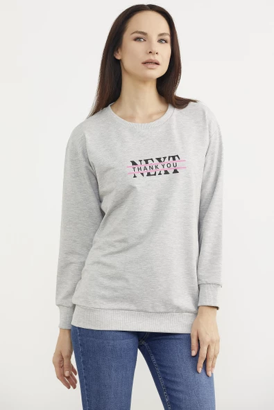 Sıfır Yaka Oversize Sweatshirt - Gri - Resim 2