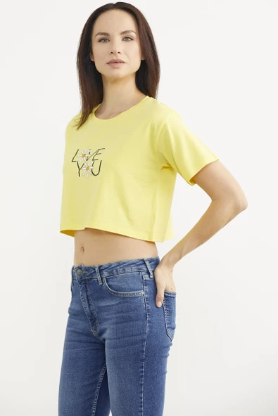 Oversize Baskılı Crop Tişört - Sarı - Resim 4