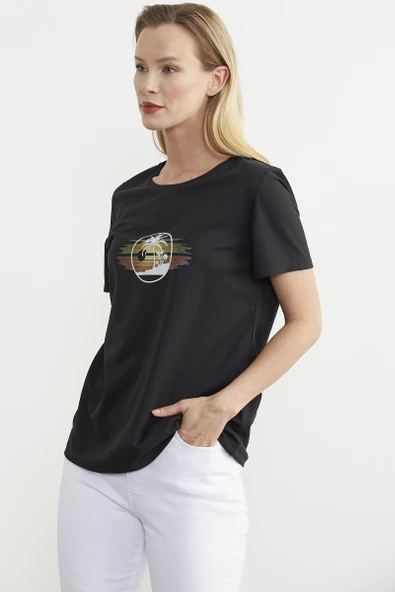 Kısa Kol Baskılı Basic Tişört - Siyah - Resim 2