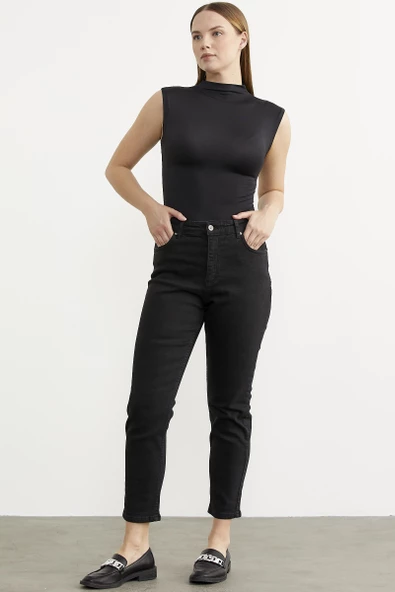 Likralı Fit Mom Jean - Siyah - 5