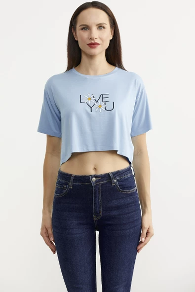 Oversize Baskılı Crop Tişört - Mavi