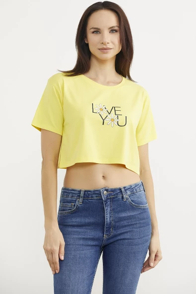 Oversize Baskılı Crop Tişört - Sarı - Resim 2