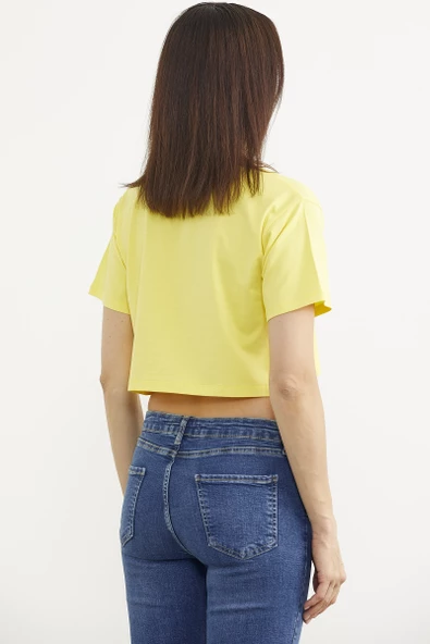 Oversize Baskılı Crop Tişört - Sarı - Resim 5