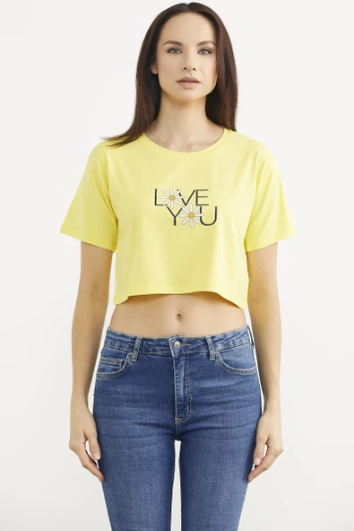 Oversize Baskılı Crop Tişört - Sarı ürün görseli 1